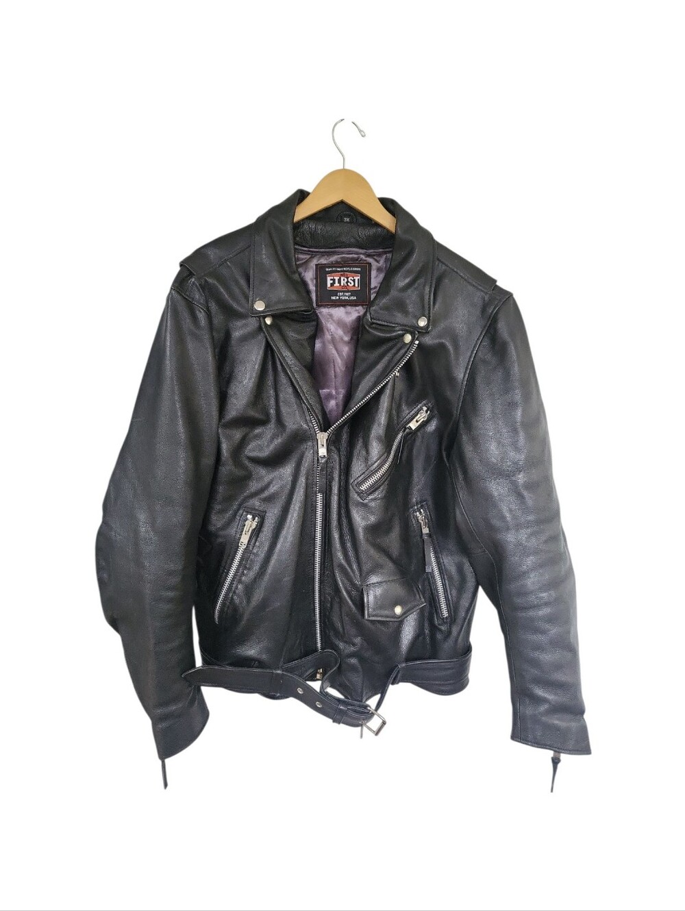 Men's First Black Leather Motorcycle Removable Liner Jacket 3XL